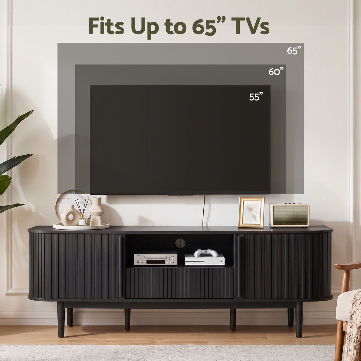 Artiss 160cm TV Unit Storage Drawer Curved Edge Sliding Fluted Style Door Black Awezingly