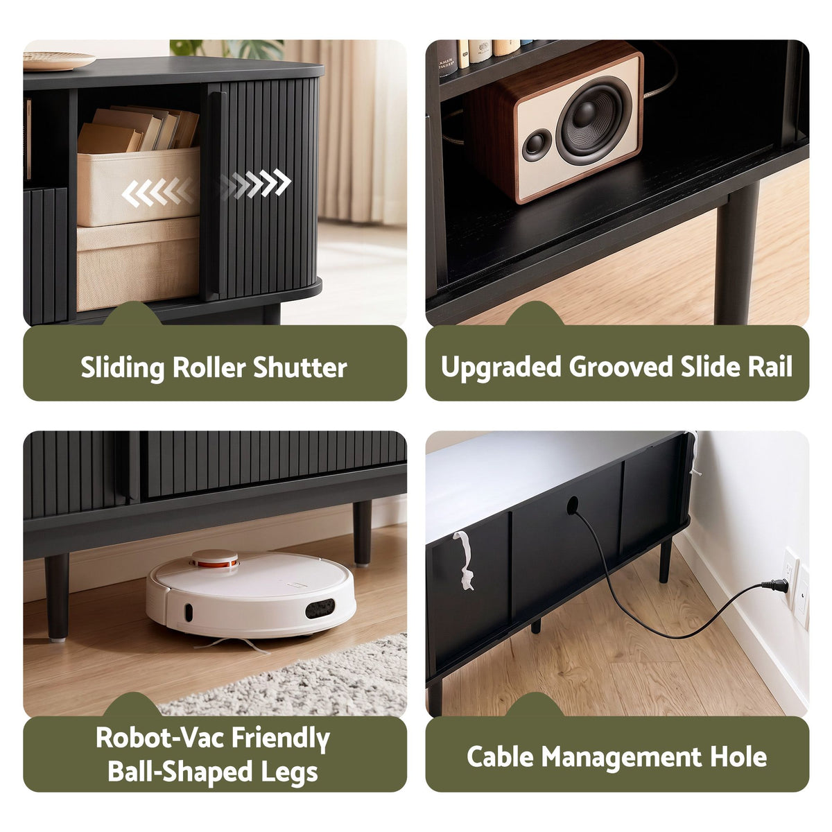 Artiss 160cm TV Unit Storage Drawer Curved Edge Sliding Fluted Style Door Black Awezingly