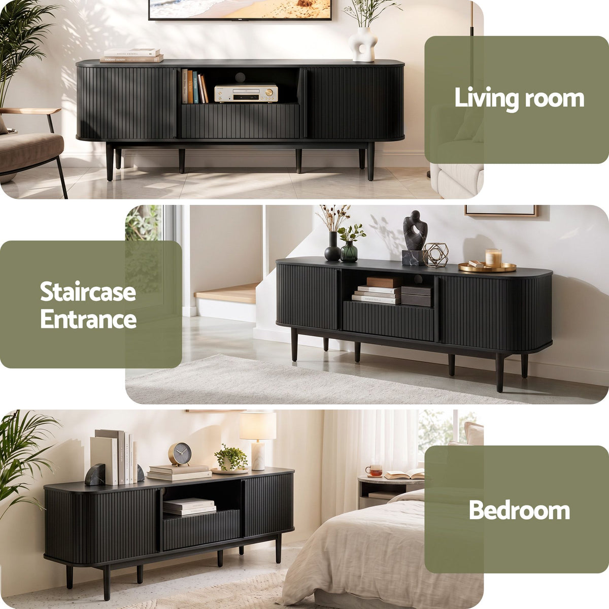 Artiss 160cm TV Unit Storage Drawer Curved Edge Sliding Fluted Style Door Black Awezingly