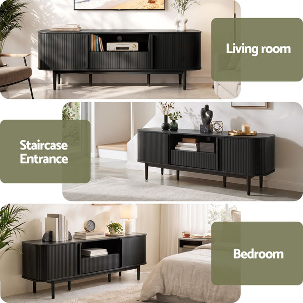 Artiss 160cm TV Unit Storage Drawer Curved Edge Sliding Fluted Style Door Black Awezingly