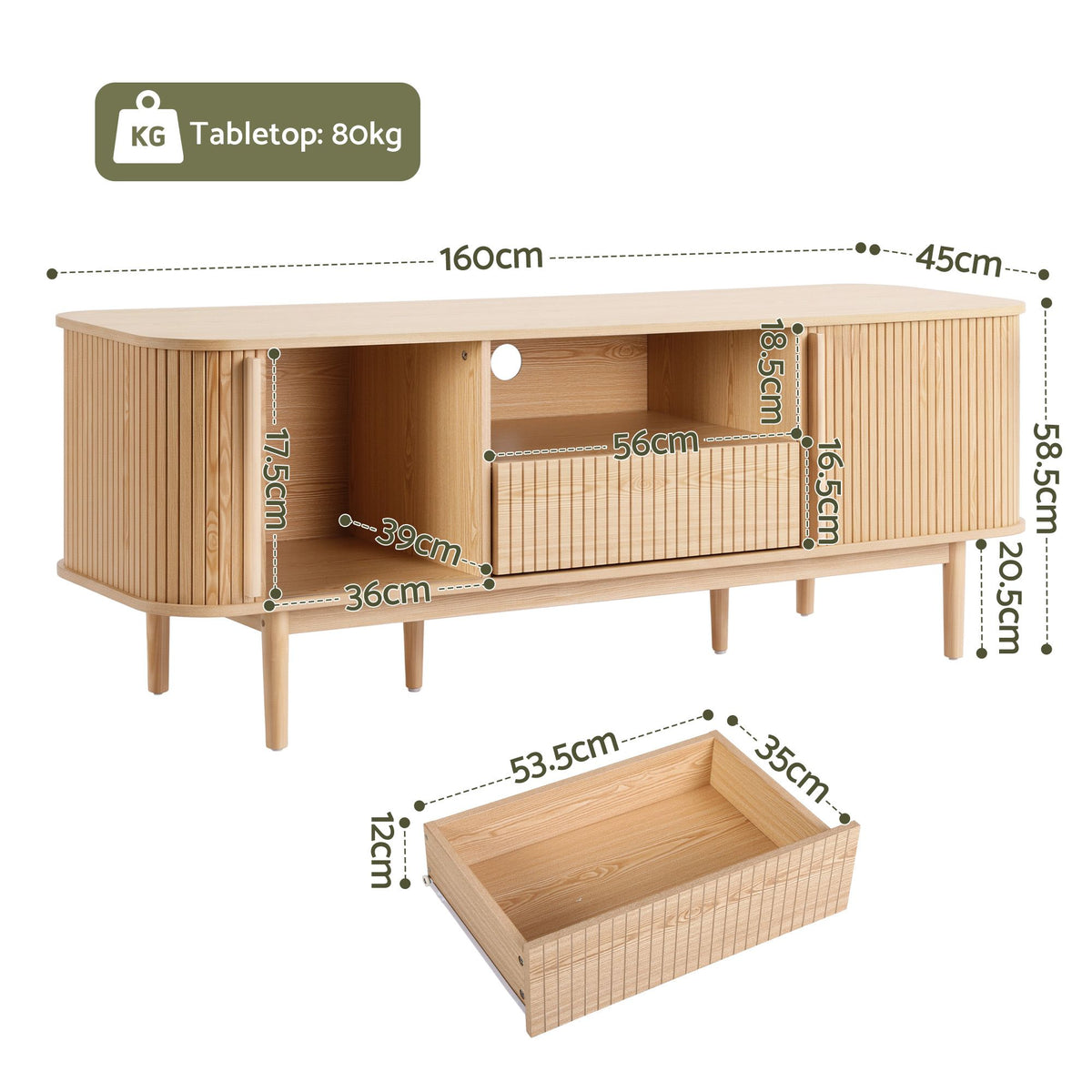 Artiss 160cm TV Unit Storage Drawer Curved Edge Sliding Fluted Style Door Pine Awezingly