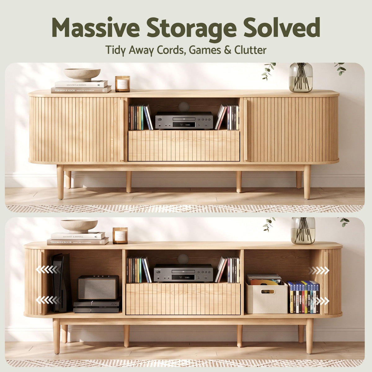 Artiss 160cm TV Unit Storage Drawer Curved Edge Sliding Fluted Style Door Pine Awezingly