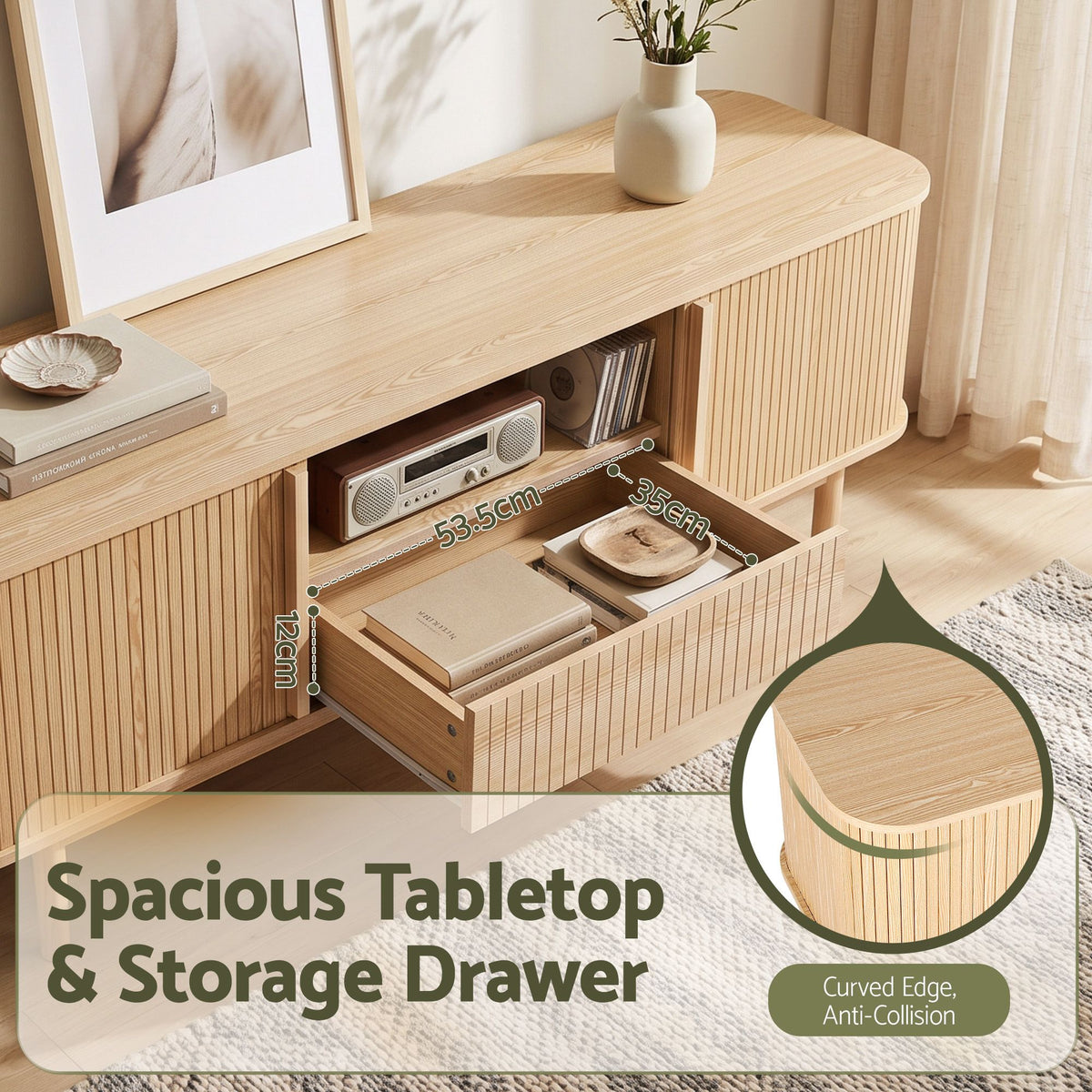 Artiss 160cm TV Unit Storage Drawer Curved Edge Sliding Fluted Style Door Pine Awezingly