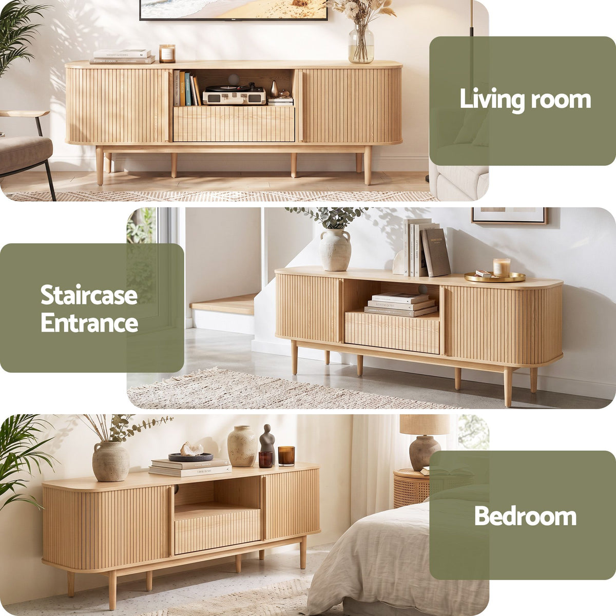Artiss 160cm TV Unit Storage Drawer Curved Edge Sliding Fluted Style Door Pine Awezingly