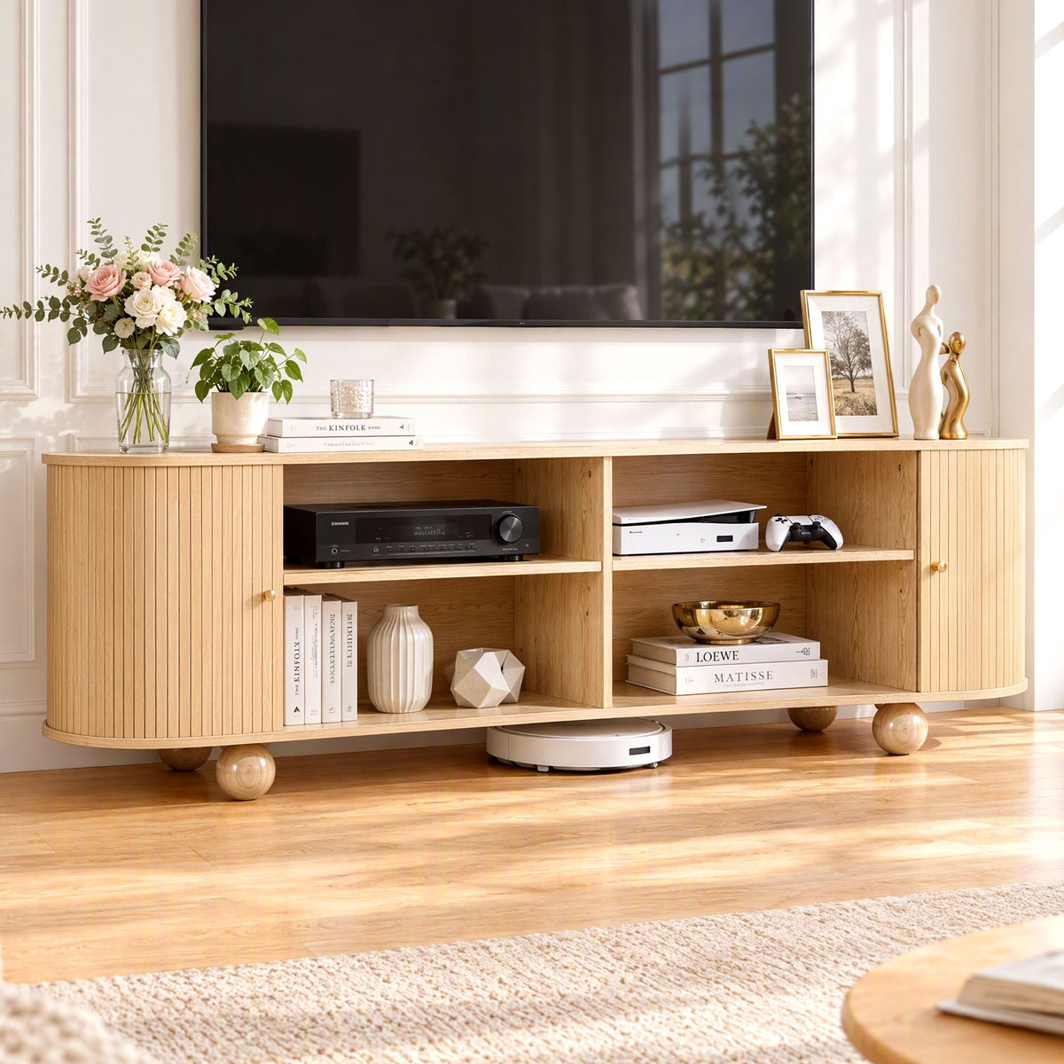 Artiss 180cm TV Unit Storage Shelf Curved Edge Sliding Fluted Style Door Pine Awezingly