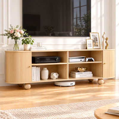 Artiss 180cm TV Unit Storage Shelf Curved Edge Sliding Fluted Style Door Pine