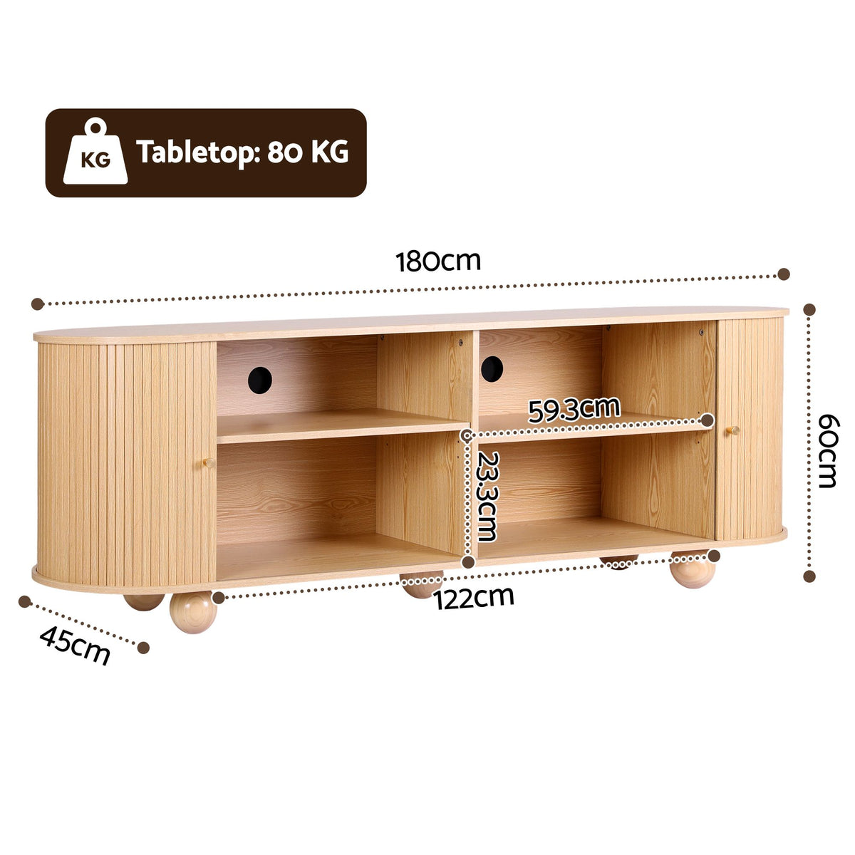 Artiss 180cm TV Unit Storage Shelf Curved Edge Sliding Fluted Style Door Pine Awezingly