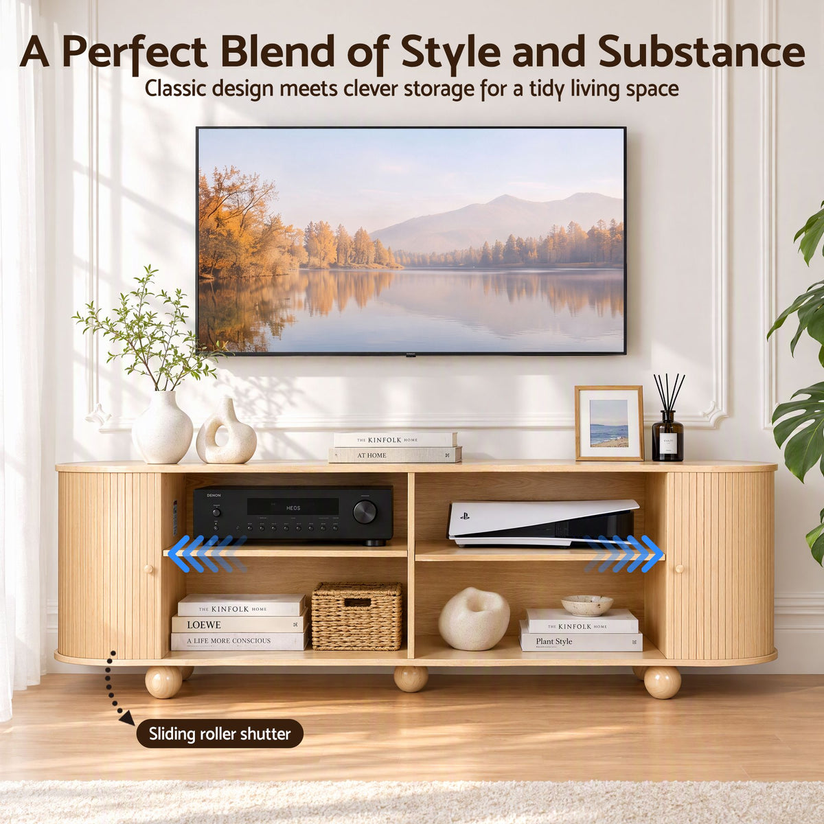 Artiss 180cm TV Unit Storage Shelf Curved Edge Sliding Fluted Style Door Pine Awezingly