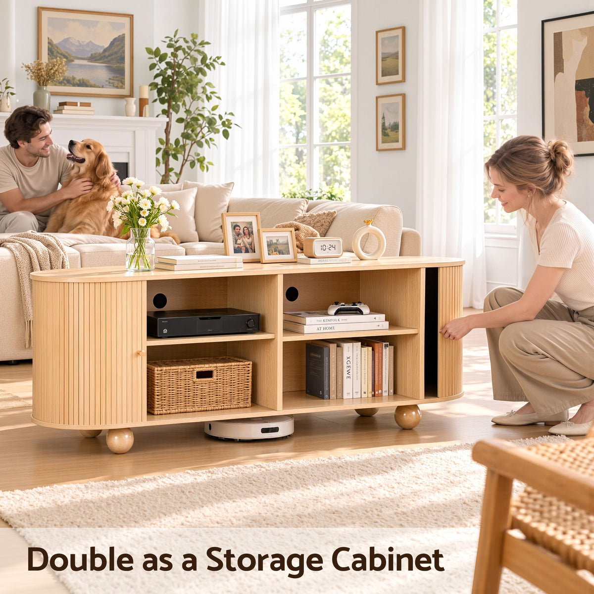 Artiss 180cm TV Unit Storage Shelf Curved Edge Sliding Fluted Style Door Pine Awezingly