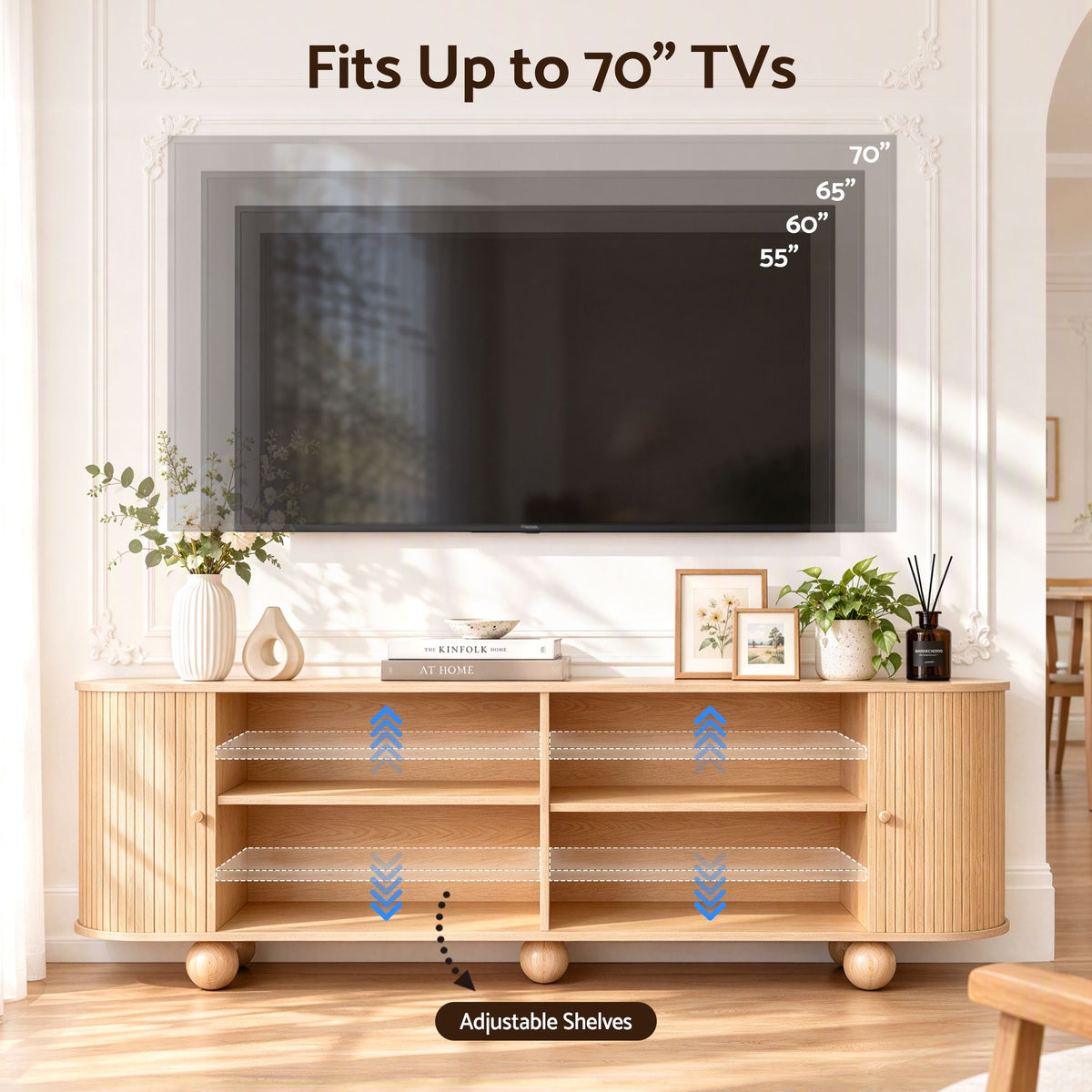 Artiss 180cm TV Unit Storage Shelf Curved Edge Sliding Fluted Style Door Pine Awezingly