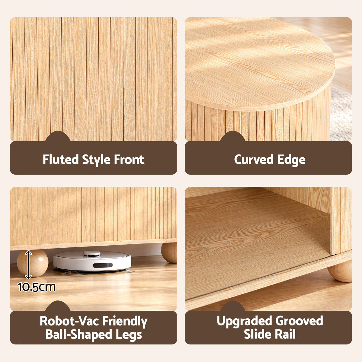 Artiss 180cm TV Unit Storage Shelf Curved Edge Sliding Fluted Style Door Pine Awezingly