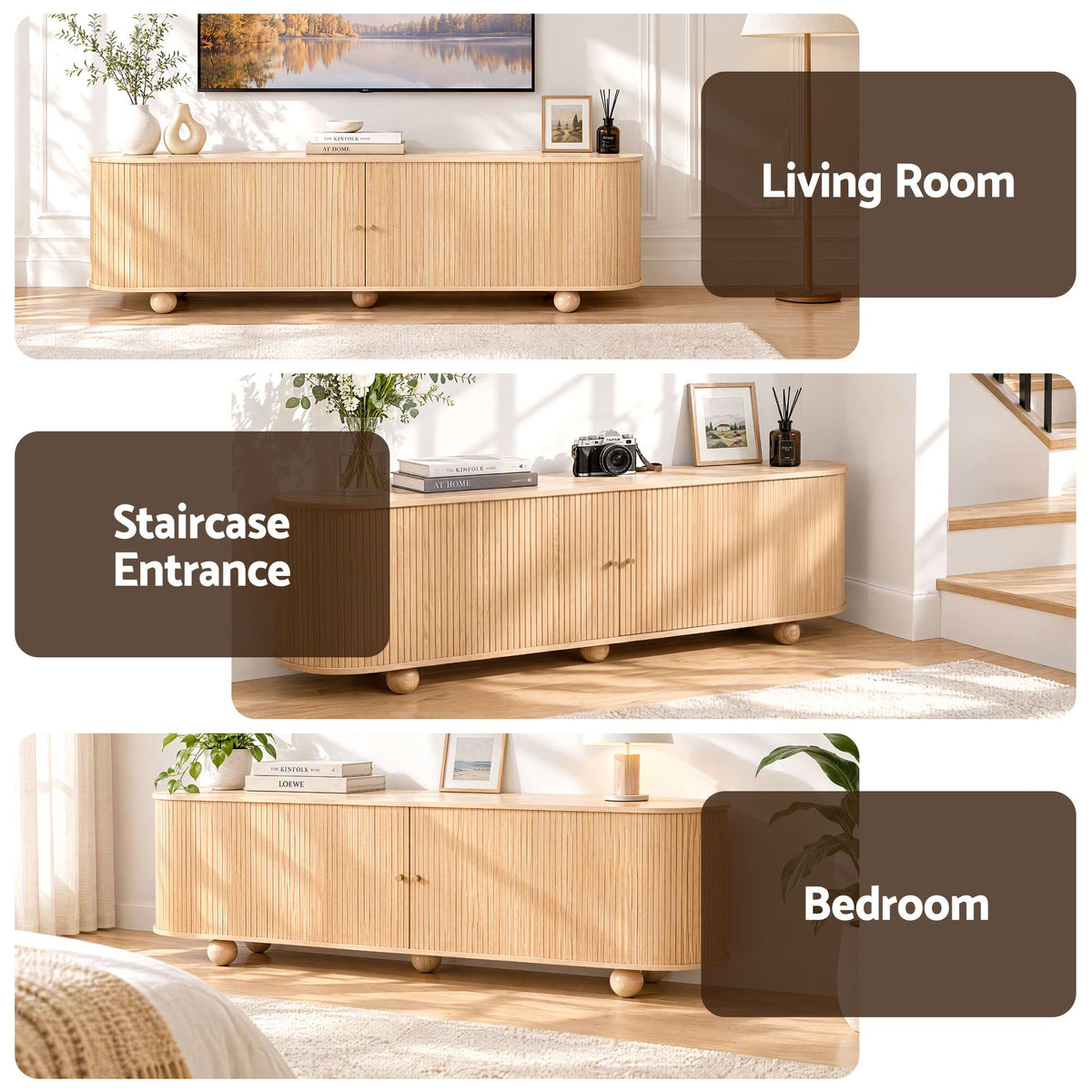 Artiss 180cm TV Unit Storage Shelf Curved Edge Sliding Fluted Style Door Pine Awezingly