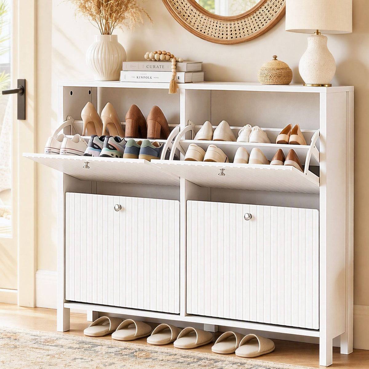Artiss Shoe Cabinet 4 Flip Drawers Fluted Style Adjustable Shelves White Awezingly