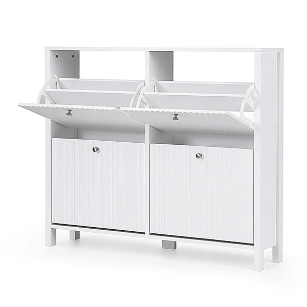Artiss Shoe Cabinet 4 Flip Drawers Fluted Style Adjustable Shelves White Awezingly