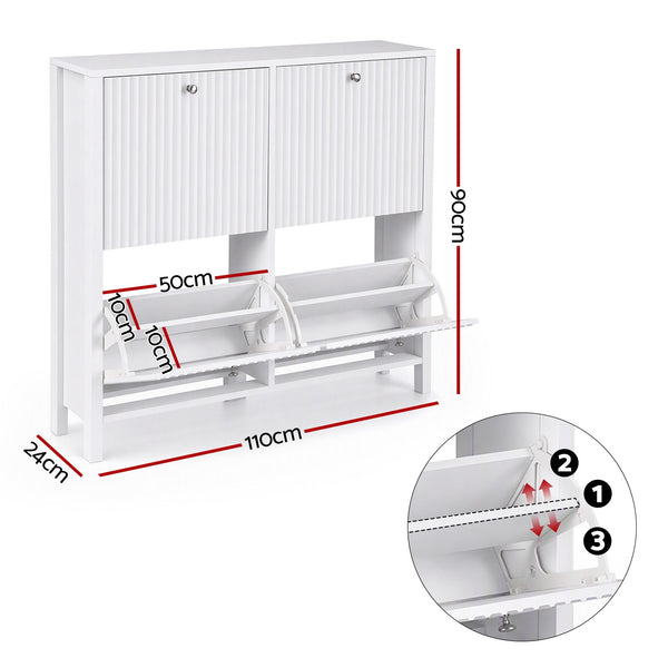 Artiss Shoe Cabinet 4 Flip Drawers Fluted Style Adjustable Shelves White Awezingly