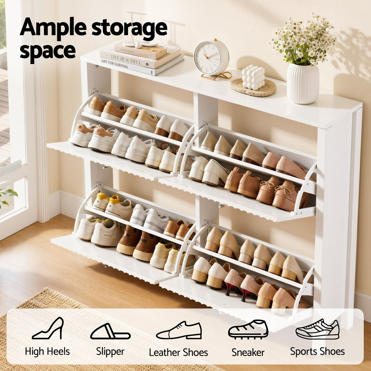 Artiss Shoe Cabinet 4 Flip Drawers Fluted Style Adjustable Shelves White Awezingly
