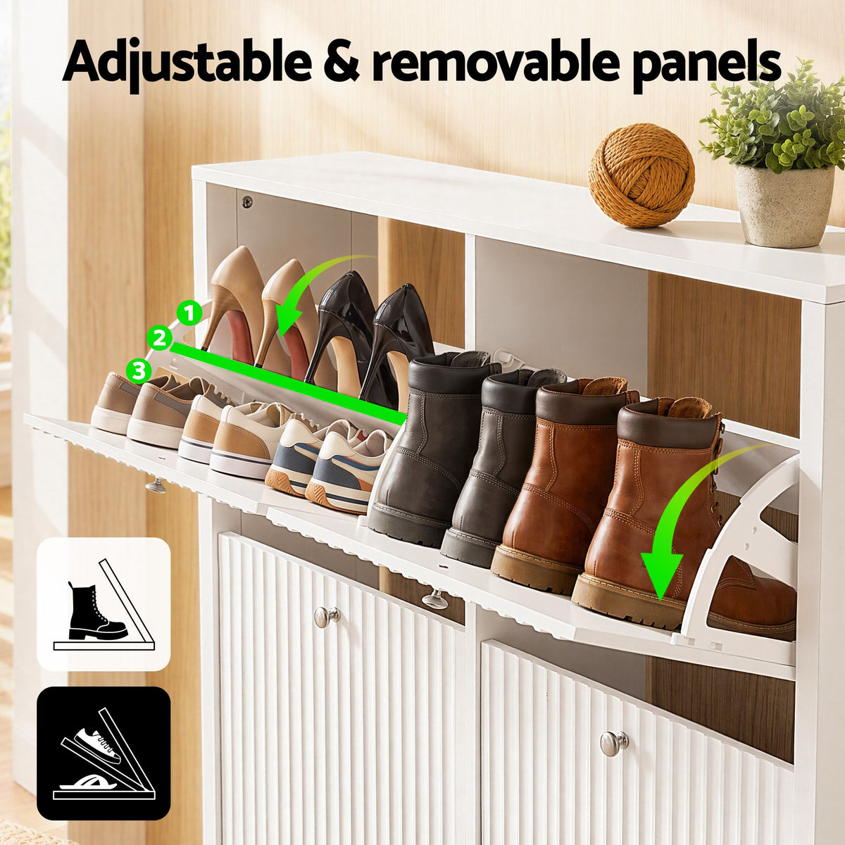 Artiss Shoe Cabinet 4 Flip Drawers Fluted Style Adjustable Shelves White Awezingly