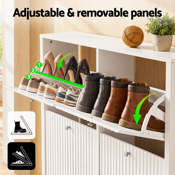 Artiss Shoe Cabinet 4 Flip Drawers Fluted Style Adjustable Shelves White Awezingly