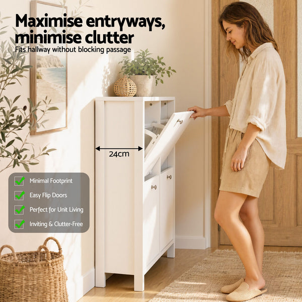Artiss Shoe Cabinet 4 Flip Drawers Fluted Style Adjustable Shelves White Awezingly