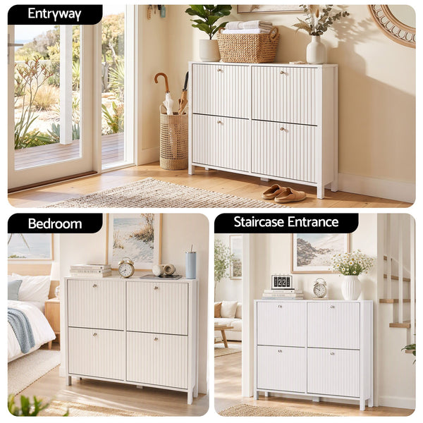 Artiss Shoe Cabinet 4 Flip Drawers Fluted Style Adjustable Shelves White Awezingly