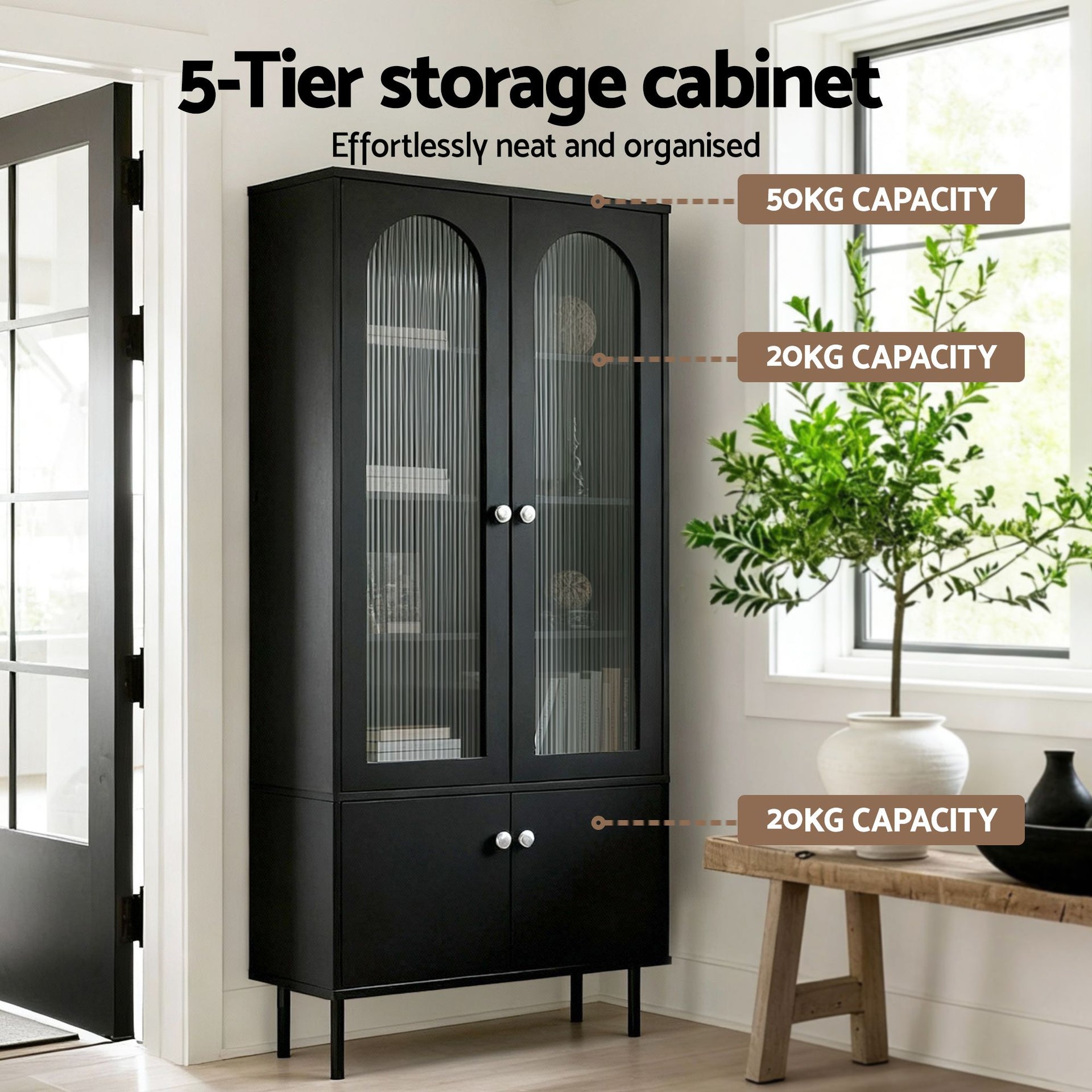 Artiss 2x Buffet Sideboard Cabinet Pantry 5-Tier Storage Cupboard Fluted Black Awezingly