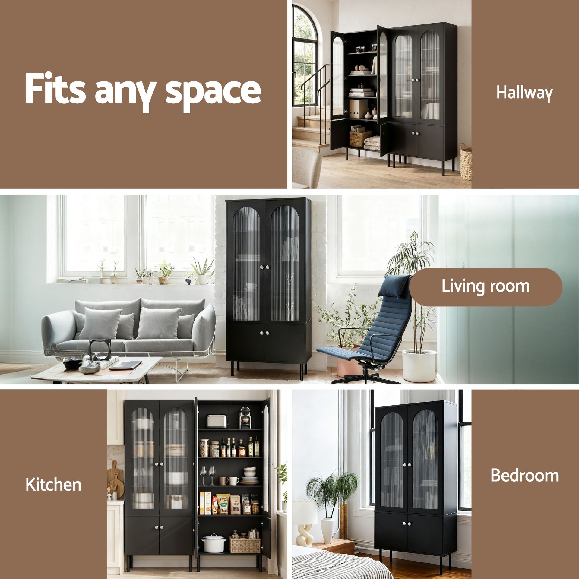 Artiss 2x Buffet Sideboard Cabinet Pantry 5-Tier Storage Cupboard Fluted Black Awezingly