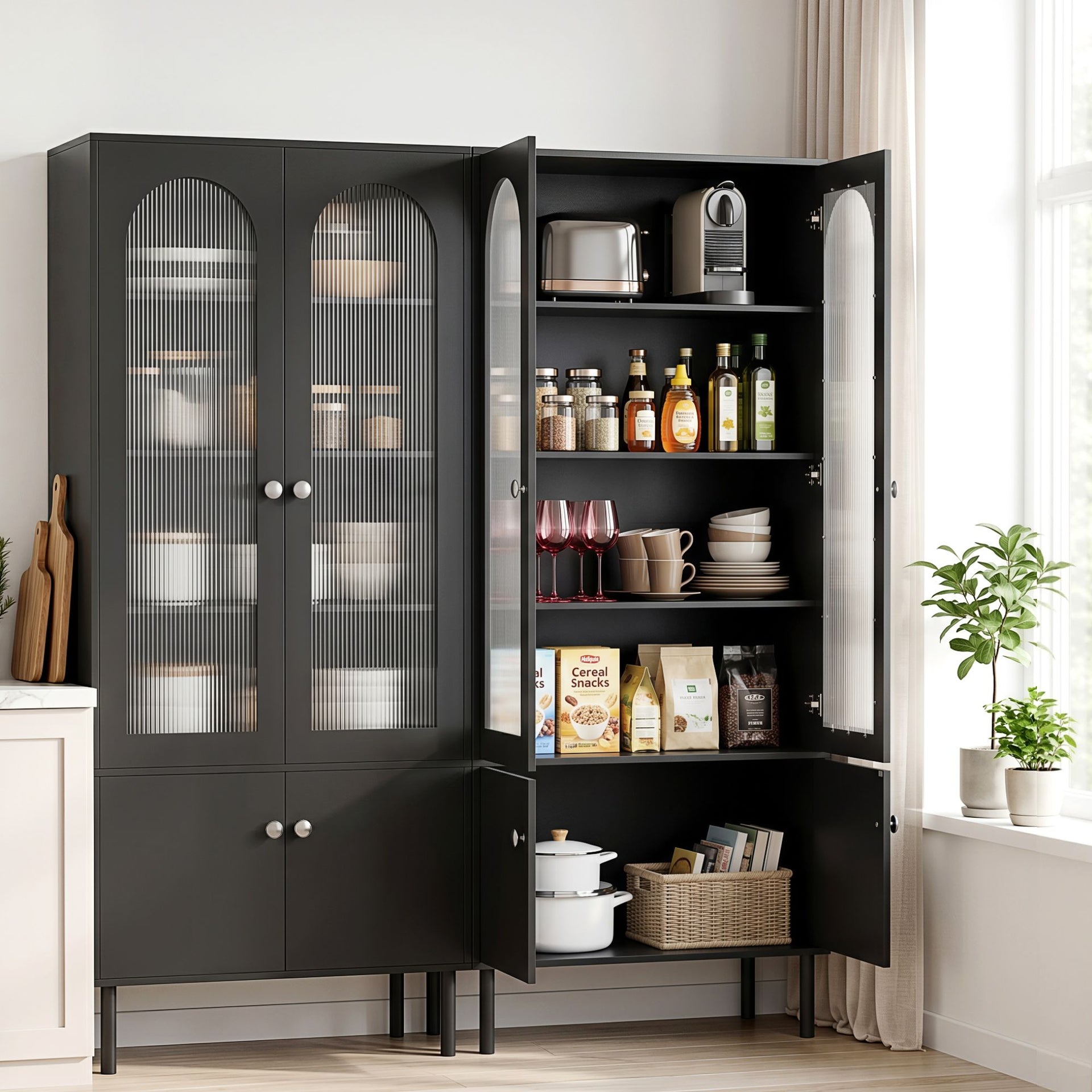 Artiss 2x Buffet Sideboard Cabinet Pantry 5-Tier Storage Cupboard Fluted Black Awezingly