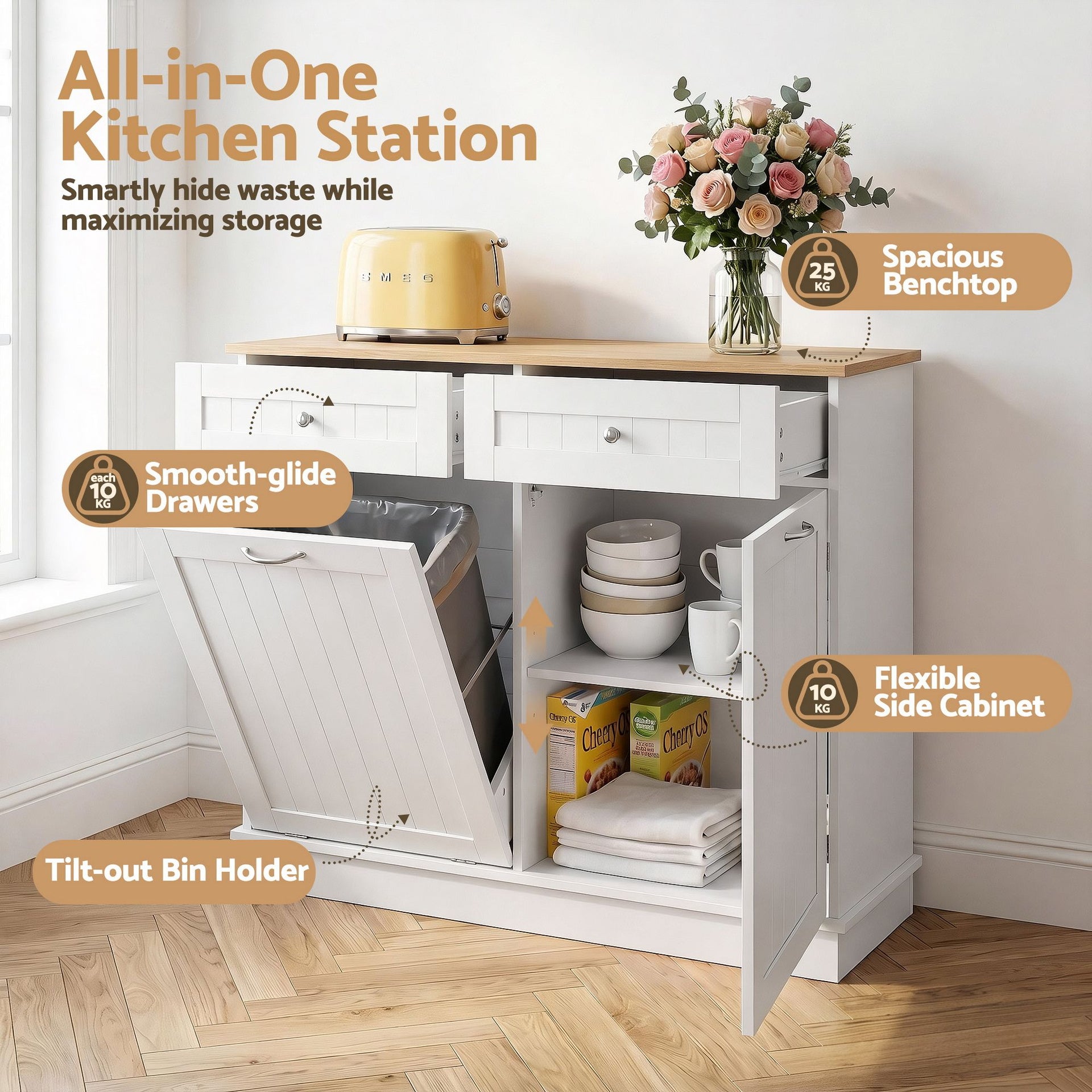 Artiss Buffet Sideboard Cabinet Kitchen Tilt Out Bin Holder Storage Cupboard Awezingly