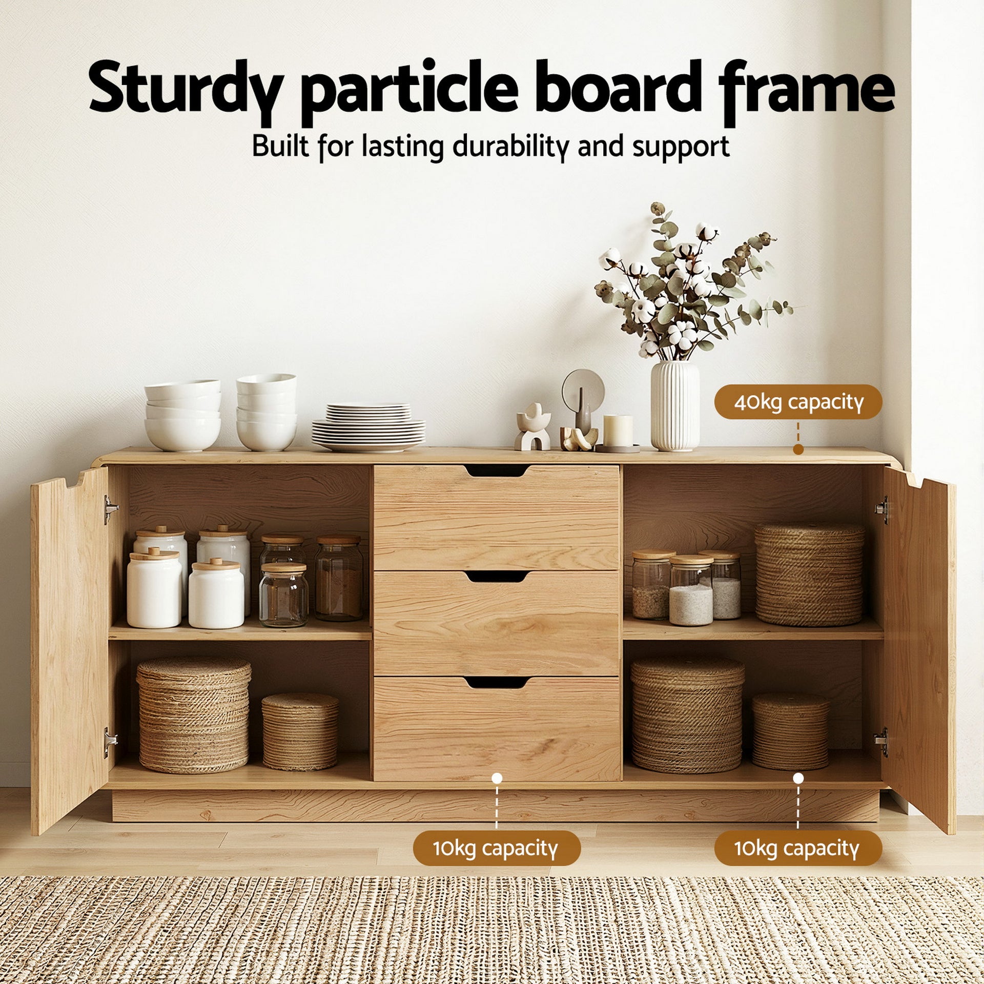 Artiss Buffet Sideboard Cabinet Storage Kitchen Cupboard Drawers Round Edge Oak Awezingly