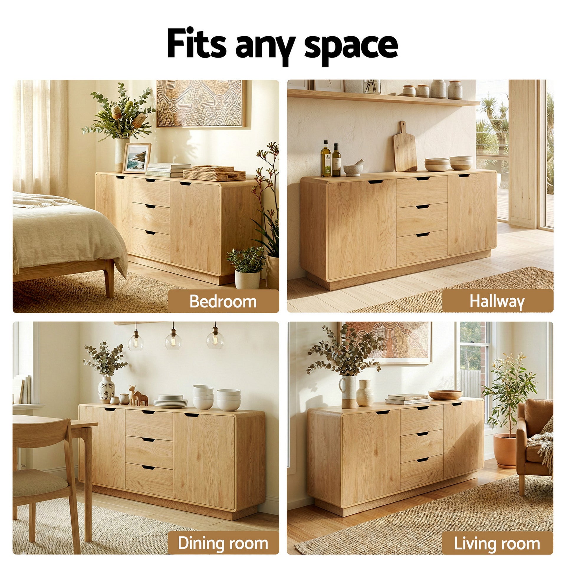 Artiss Buffet Sideboard Cabinet Storage Kitchen Cupboard Drawers Round Edge Oak Awezingly
