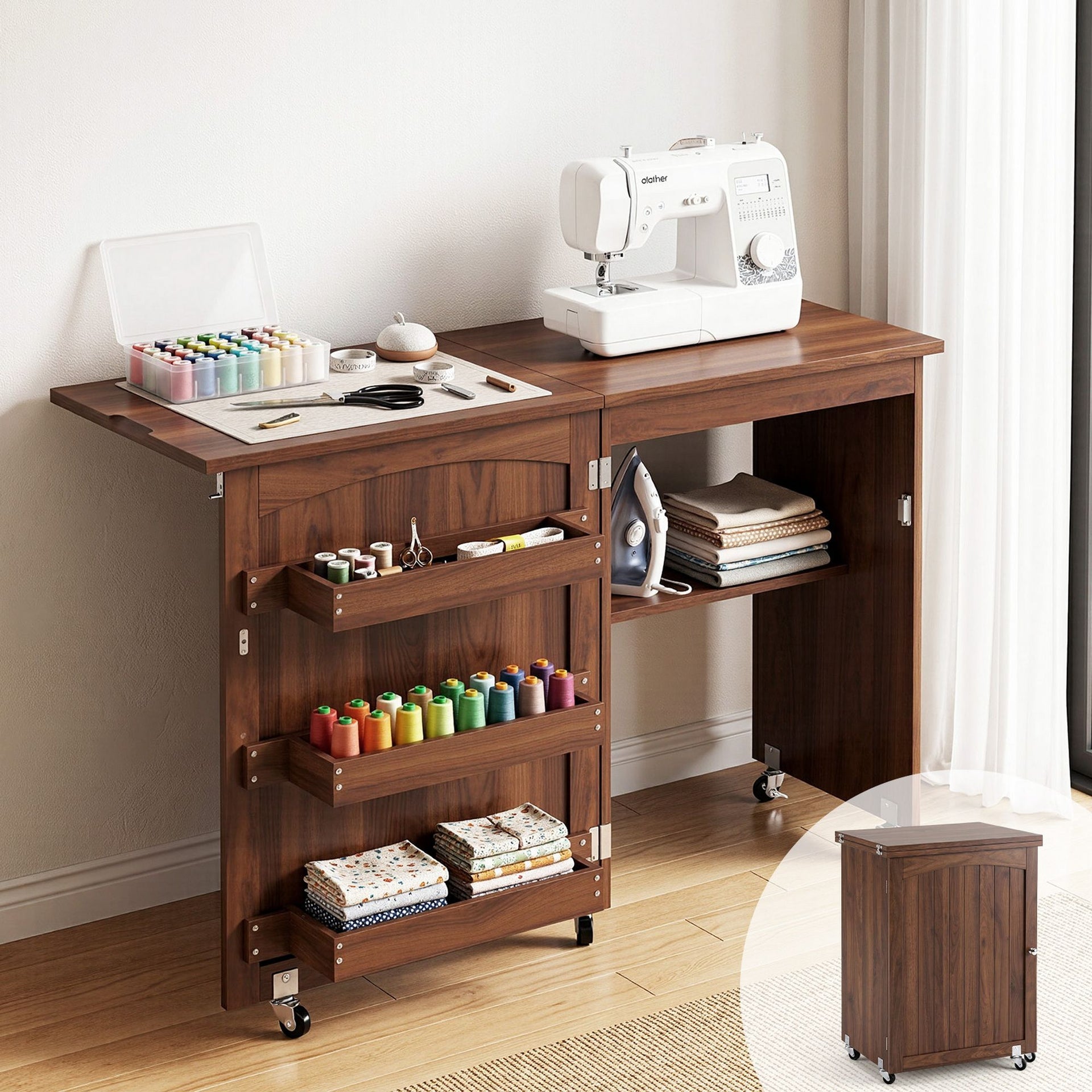 Artiss Folding Sewing Table Sewing Machine Desk Multi-functional Rolling Work Table Craft Station Awezingly