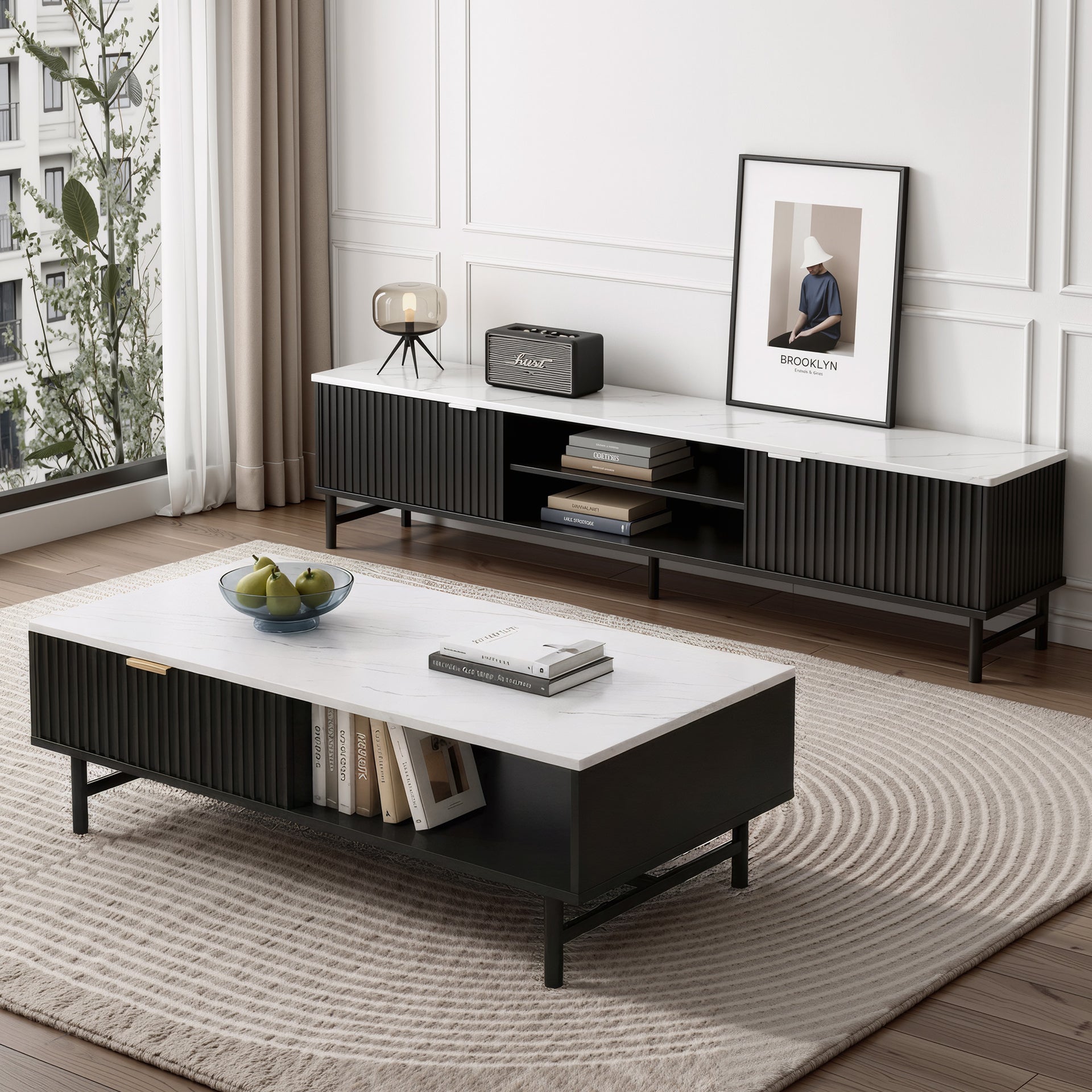 Artiss TV Unit & Coffee Table Set Storage Shelf Black Awezingly