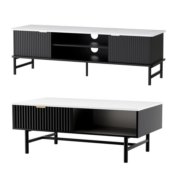 Artiss TV Unit & Coffee Table Set Storage Shelf Black Awezingly