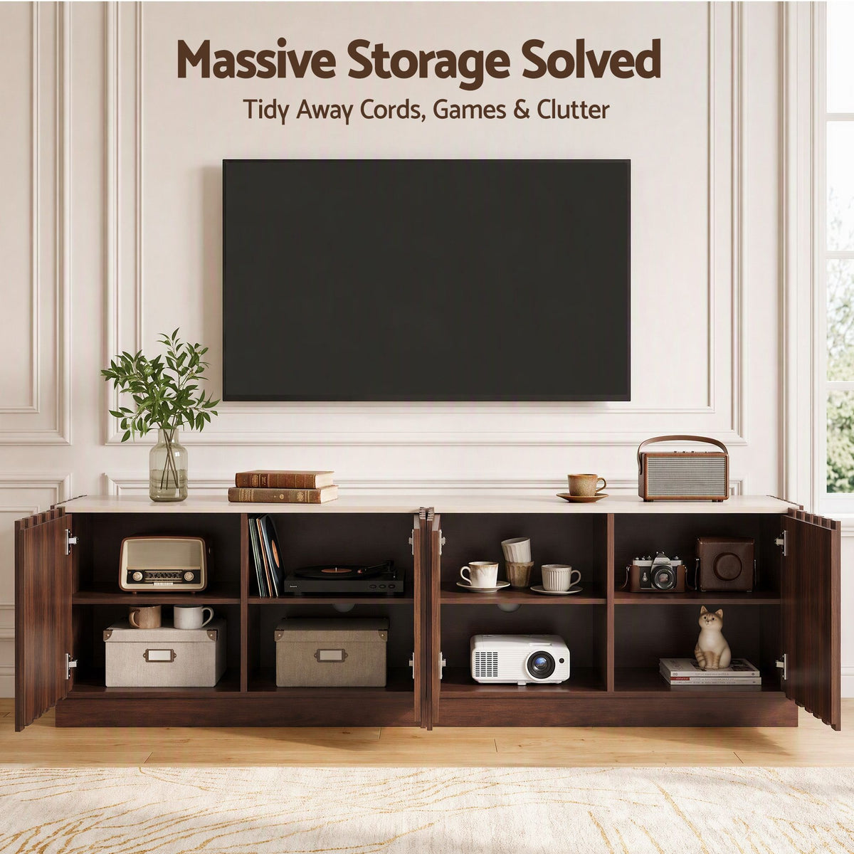 Artiss 180cm TV Unit Entertainment Cabinet Fluted Style Anti-tip Kit Walnut Awezingly