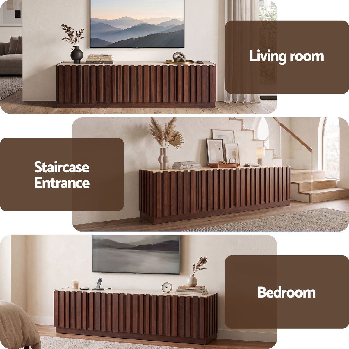 Artiss 180cm TV Unit Entertainment Cabinet Fluted Style Anti-tip Kit Walnut Awezingly
