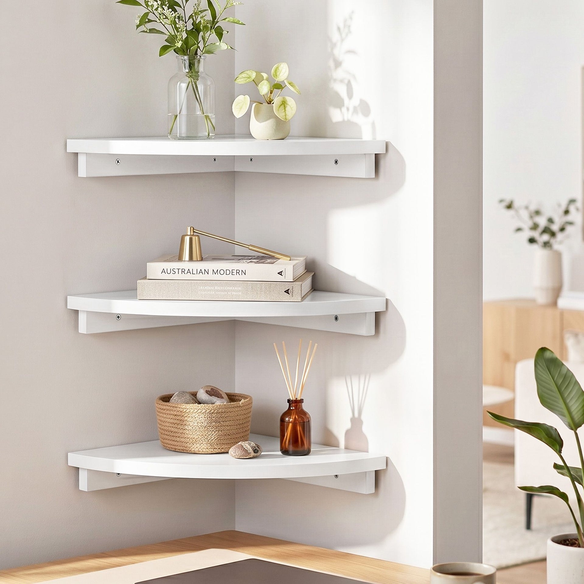 Artiss 3pc Corner Floating Wall Shelf Wall Mounted Display Rack Round Edge White Artiss