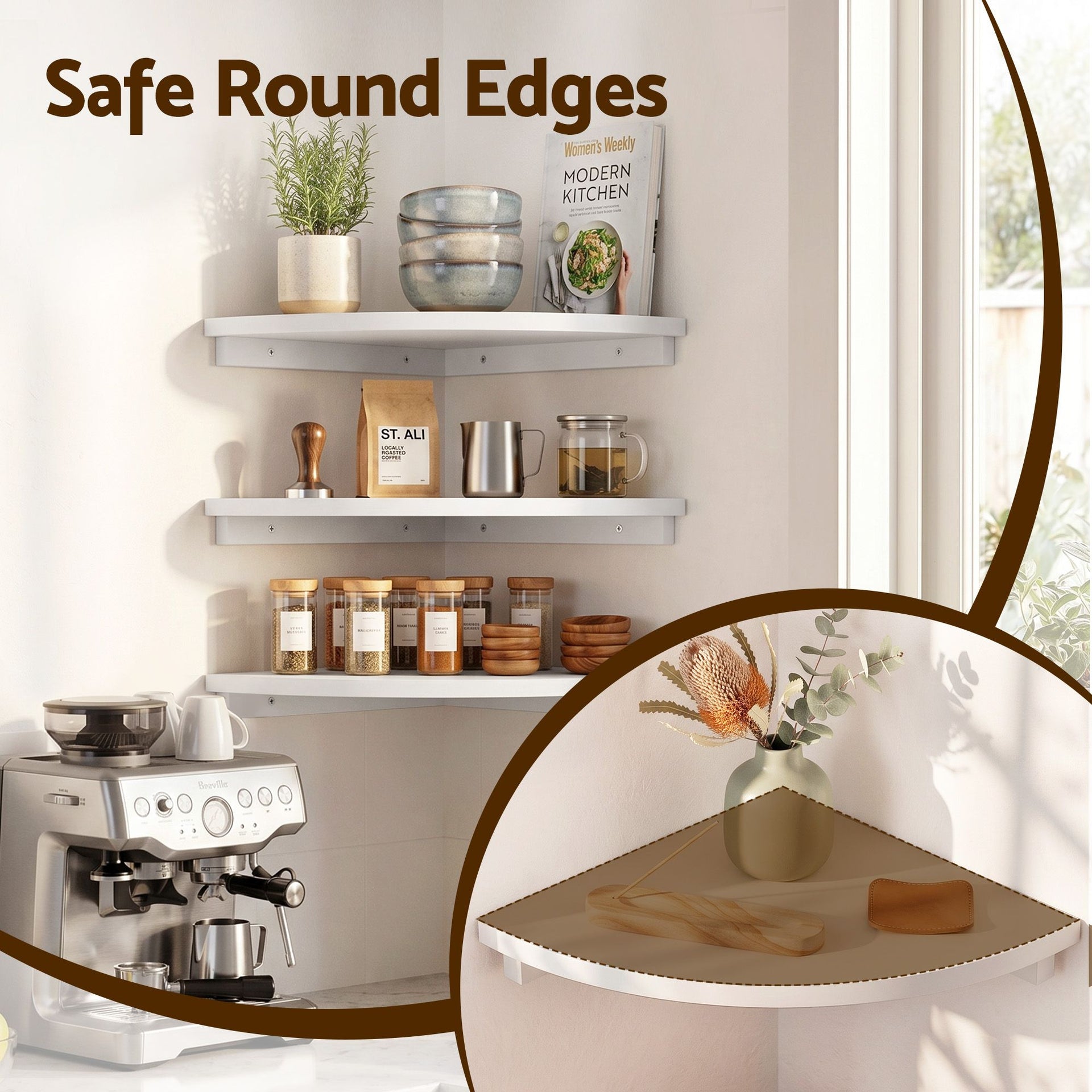 Artiss 3pc Corner Floating Wall Shelf Wall Mounted Display Rack Round Edge White Artiss