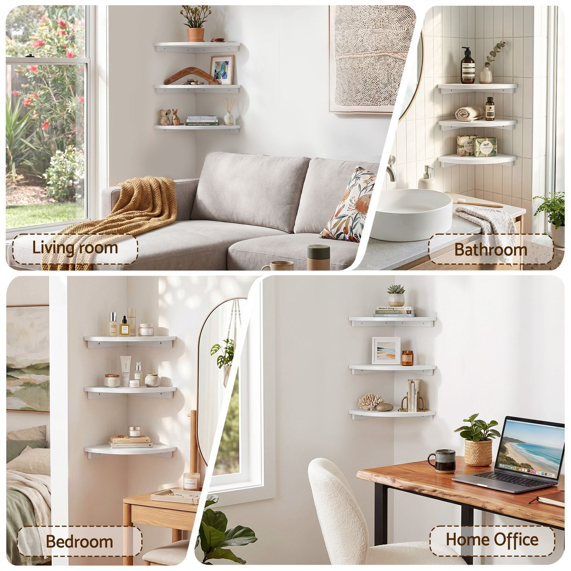 Artiss 3pc Corner Floating Wall Shelf Wall Mounted Display Rack Round Edge White Artiss
