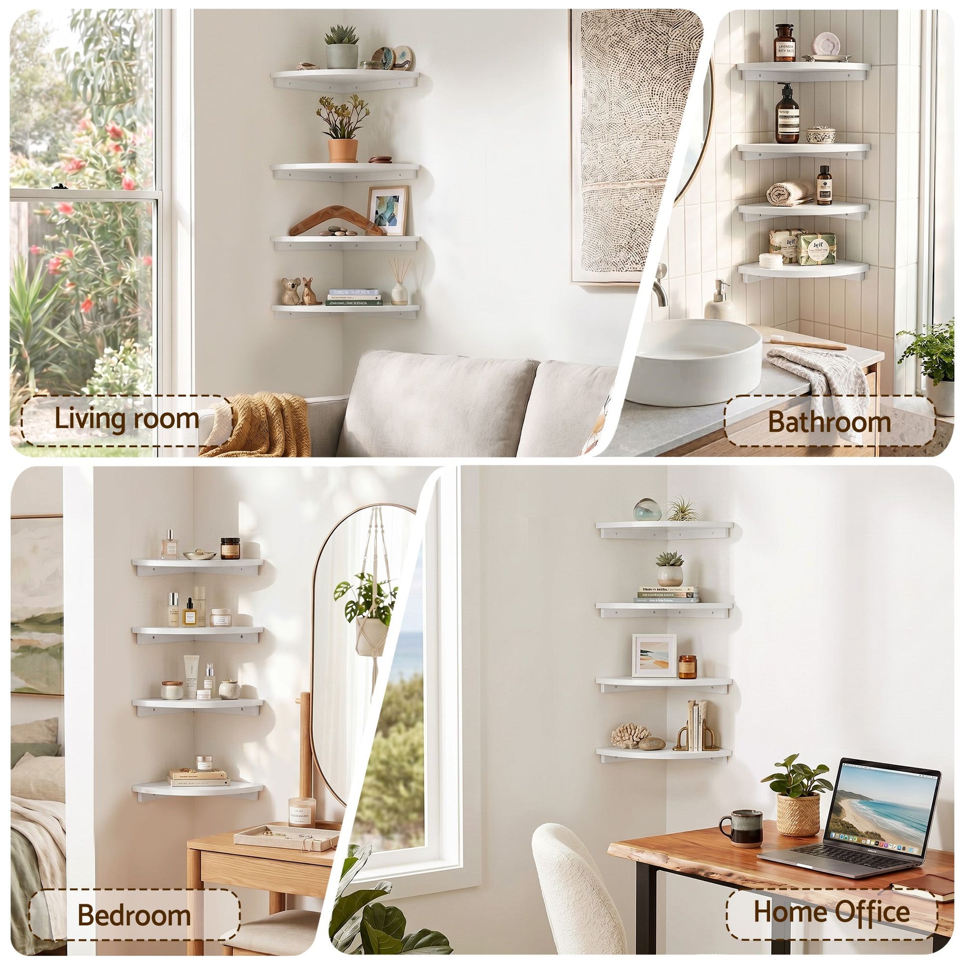 Artiss 4pc Corner Floating Wall Shelf Wall Mounted Display Rack Round Edge White Artiss
