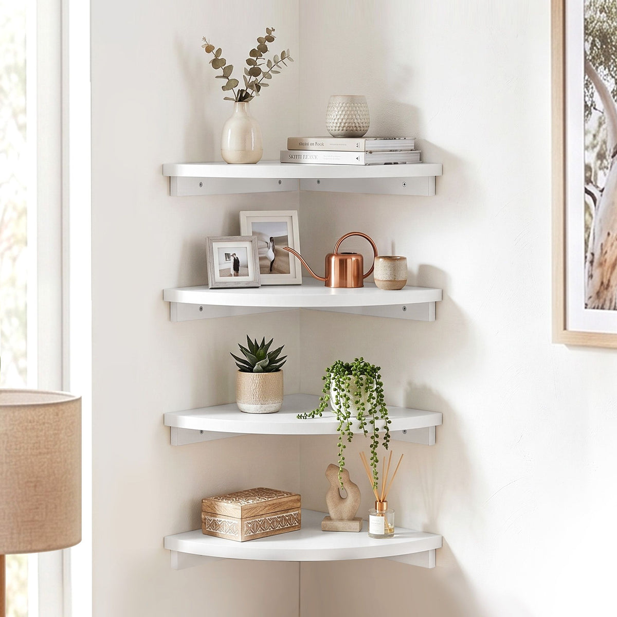 Artiss 4pc Corner Floating Wall Shelf Wall Mounted Display Rack Round Edge White Awezingly