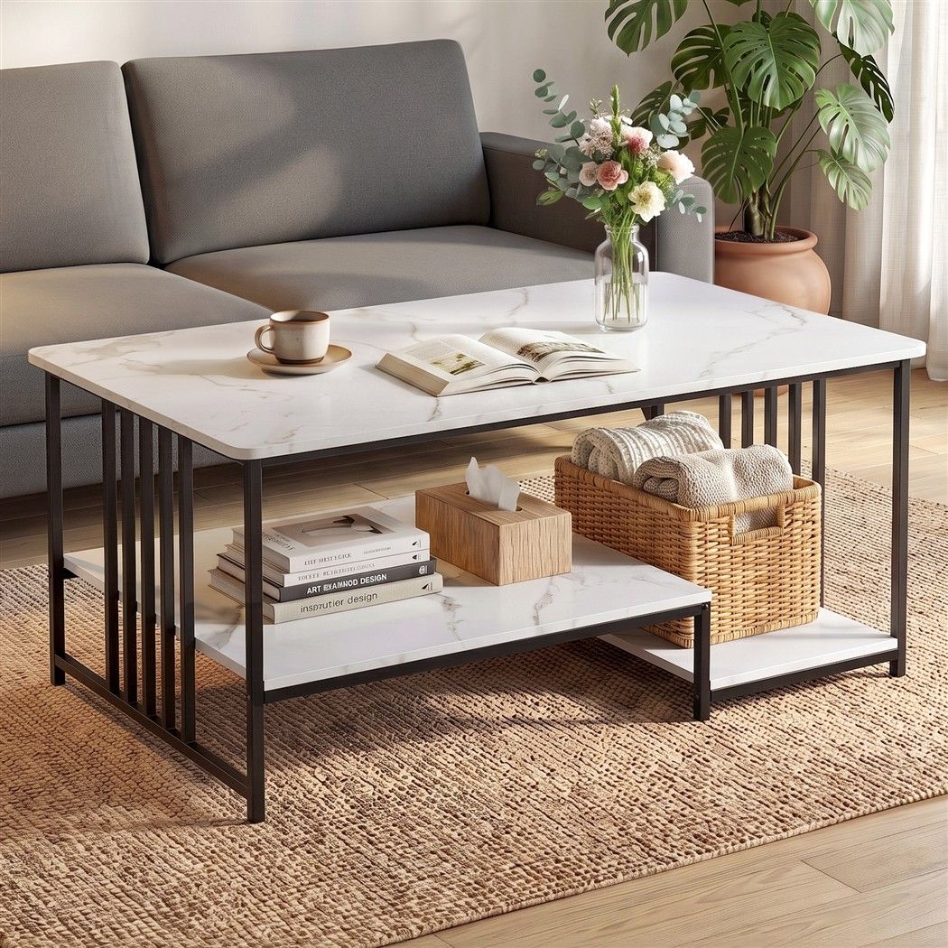 Artiss Coffee Table 100cm Faux Marble Finish Center Table 2-Tier Storage White&Black Awezingly