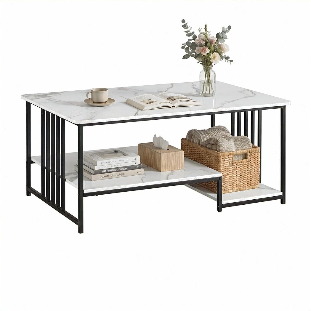 Artiss Coffee Table 100cm Faux Marble Finish Center Table 2-Tier Storage White&Black Awezingly