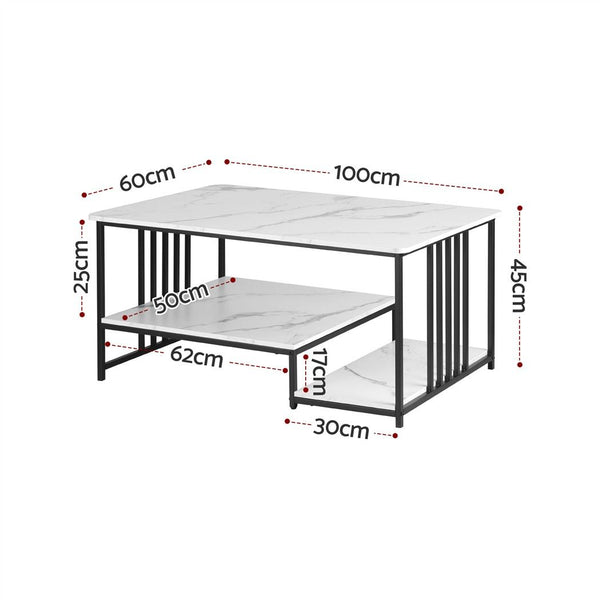 Artiss Coffee Table 100cm Faux Marble Finish Center Table 2-Tier Storage White&Black Awezingly