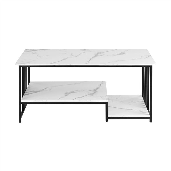 Artiss Coffee Table 100cm Faux Marble Finish Center Table 2-Tier Storage White&Black Awezingly