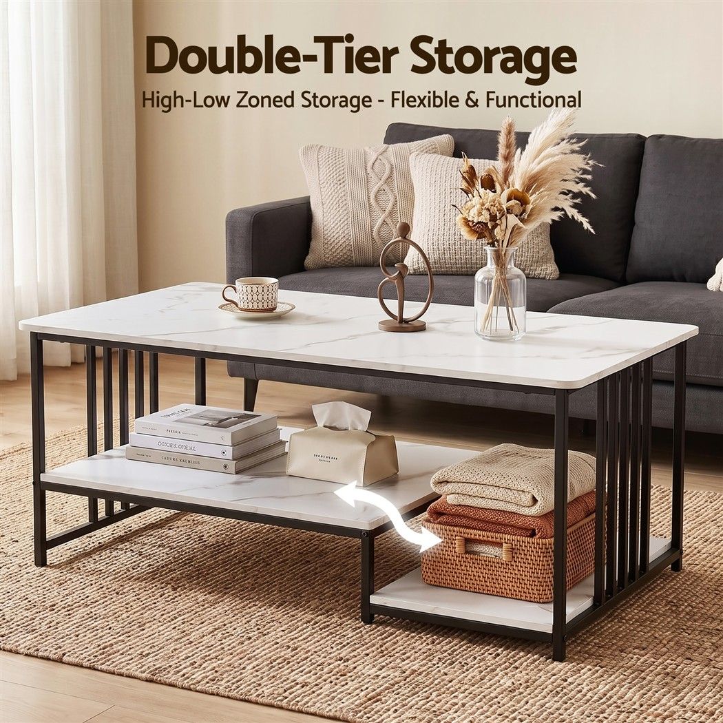 Artiss Coffee Table 100cm Faux Marble Finish Center Table 2-Tier Storage White&Black Awezingly