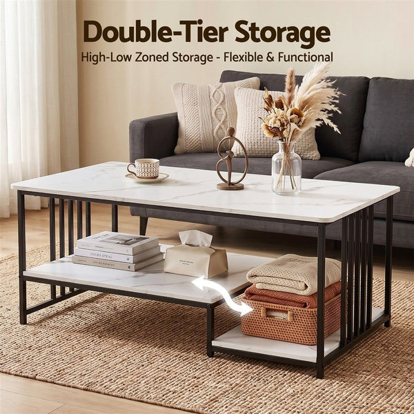Artiss Coffee Table 100cm Faux Marble Finish Center Table 2-Tier Storage White&Black Awezingly
