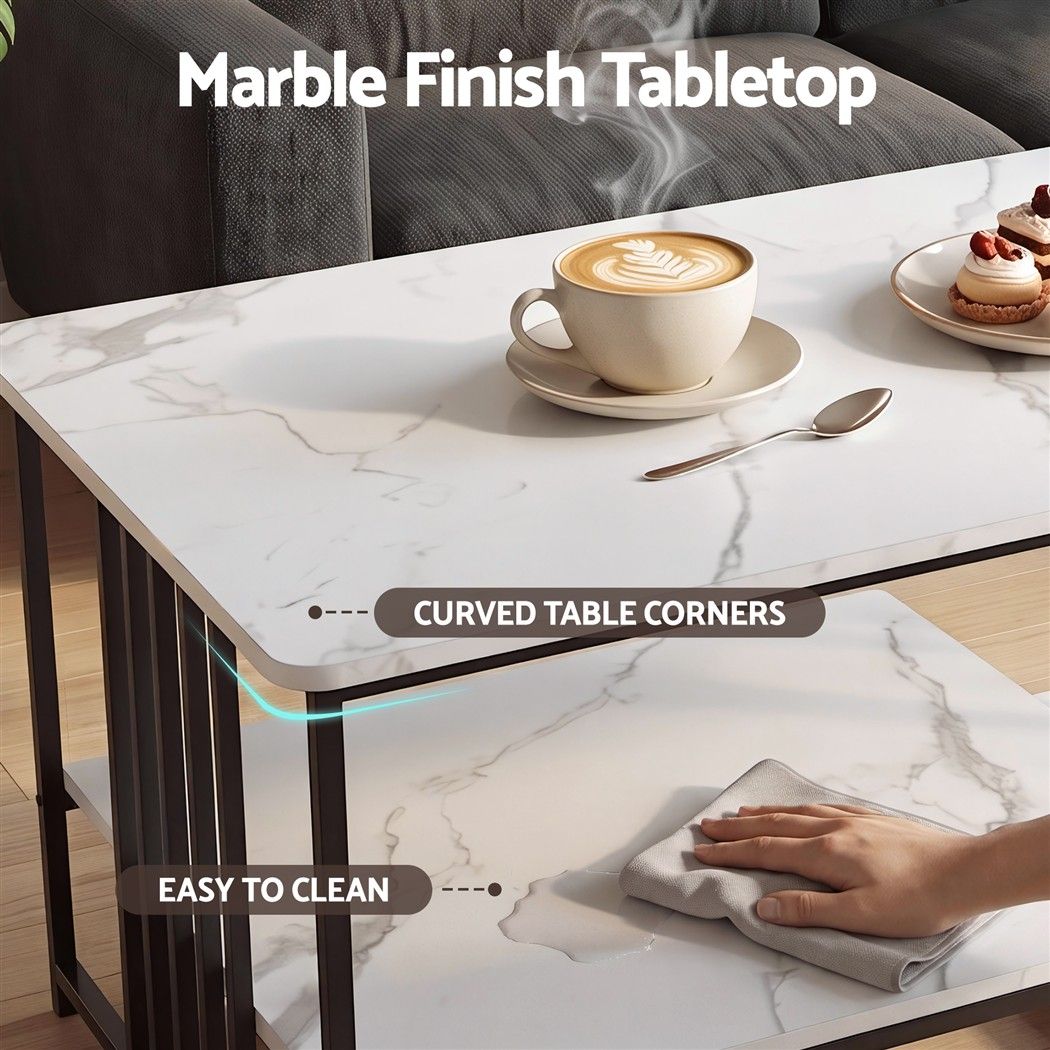 Artiss Coffee Table 100cm Faux Marble Finish Center Table 2-Tier Storage White&Black Awezingly