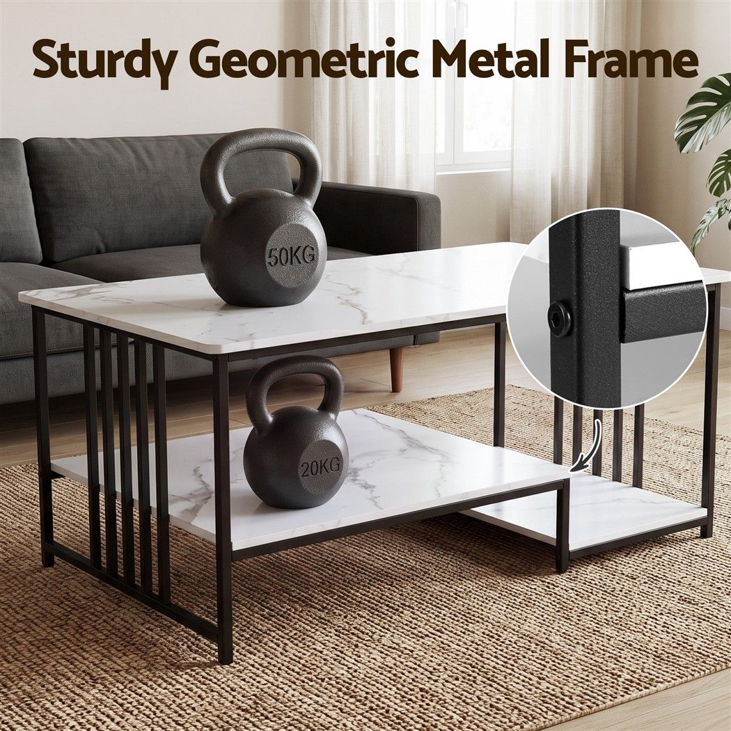 Artiss Coffee Table 100cm Faux Marble Finish Center Table 2-Tier Storage White&Black Awezingly