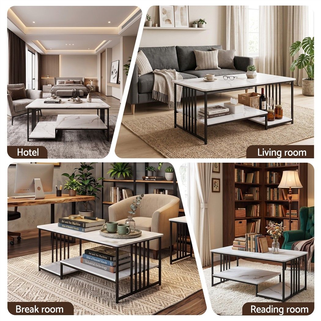 Artiss Coffee Table 100cm Faux Marble Finish Center Table 2-Tier Storage White&Black Awezingly