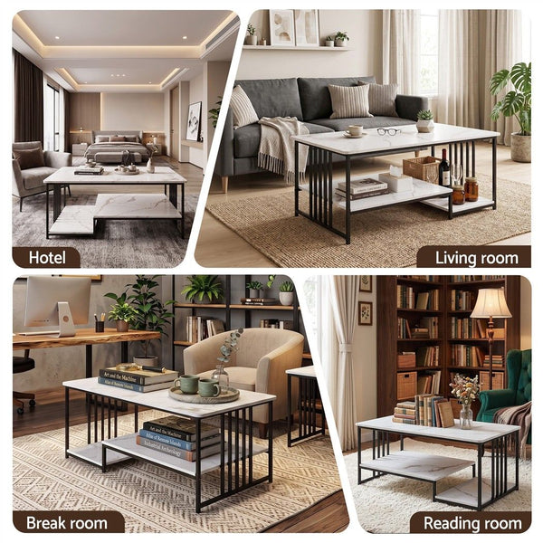 Artiss Coffee Table 100cm Faux Marble Finish Center Table 2-Tier Storage White&Black Awezingly
